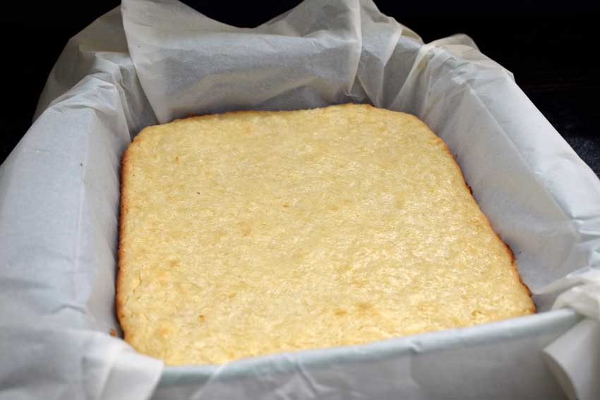 Baked and cooled coconut cheesecake bars