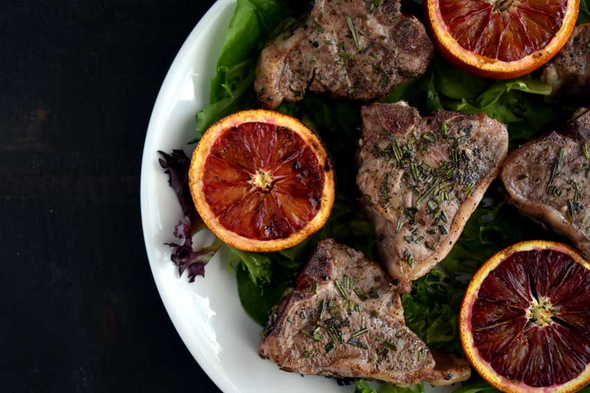 Lavender Lamb Loin Chops with Grilled Blood Oranges