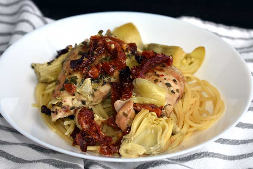 Crock Pot Chicken Thighs with Artichokes and Sun-Dried Tomatoes
