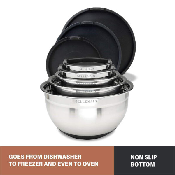 Bellemain Stainless Steel Non-Slip Mixing Bowls with Lids (5 Piece, Silver/Black)
