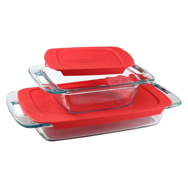 Pyrex Easy Grab 4-Piece Glass Baking Dish Set with Lids, 3-Qt & 2-Qt Glass Bakeware Set, Non-Toxic, BPA-Free Lids, Tempered Glass Bakeware Set