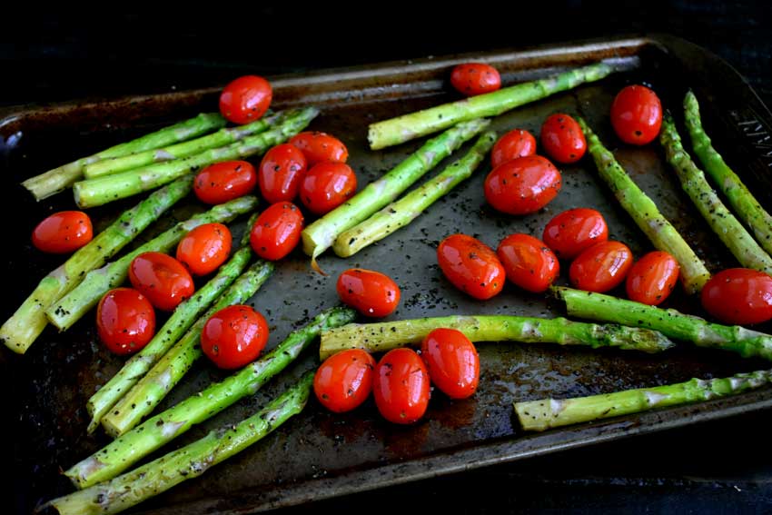 Par-roasted asparagus and cherry tomatoes