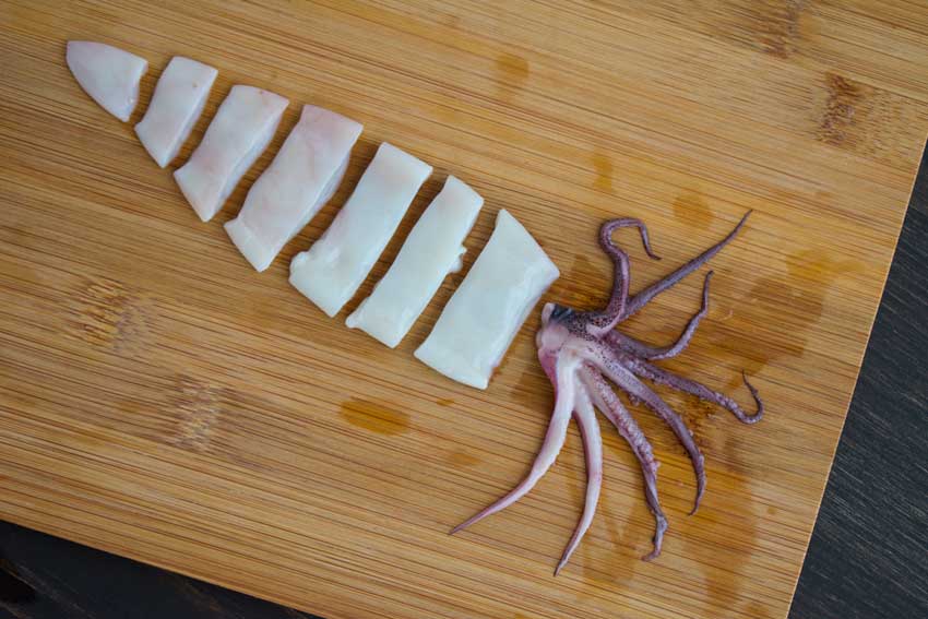 Cleaned and sliced squid