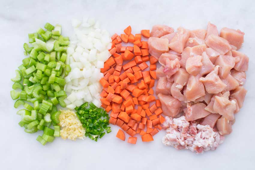 Prepped meat and vegetables