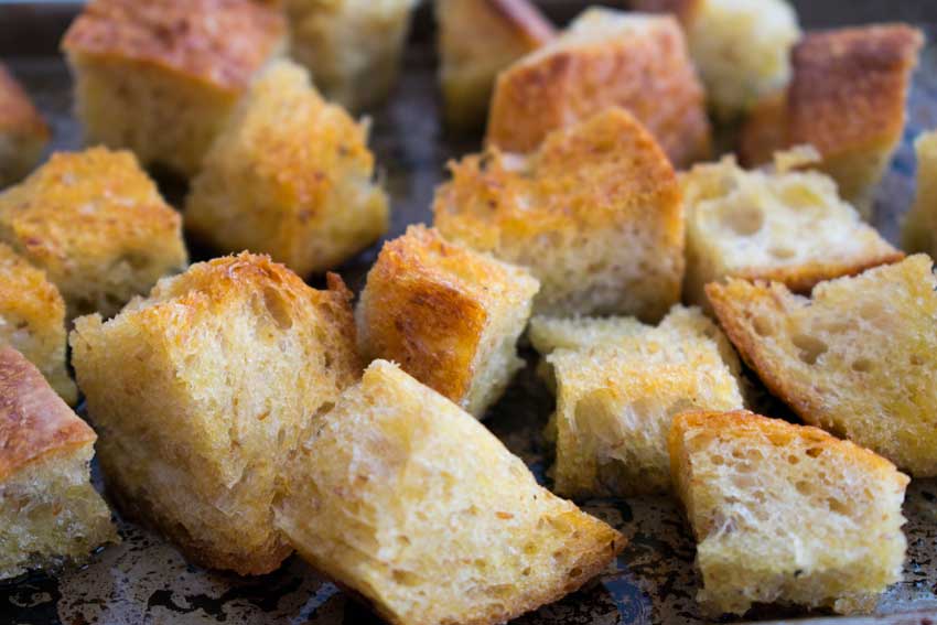 Sourdough bread cubes toasted in olive oil