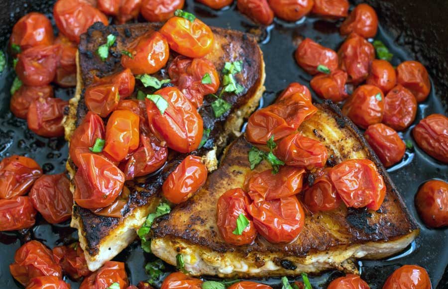 One-Pan Seared Swordfish with Spicy Olive Oil Poached Tomatoes