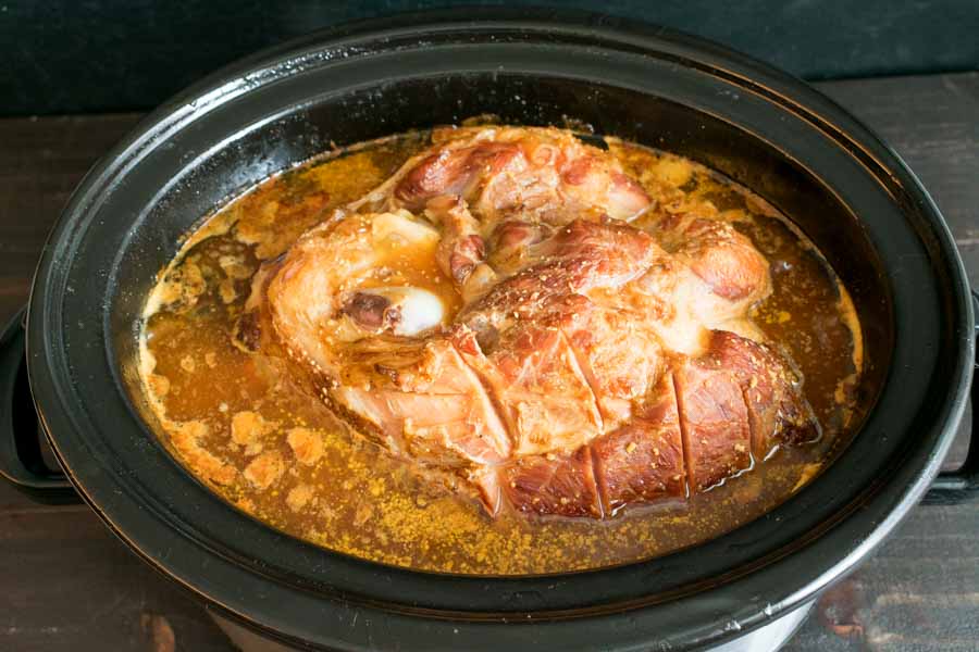 After 6 hours, the ham was almost submerged in a combination of glaze and cooking juices