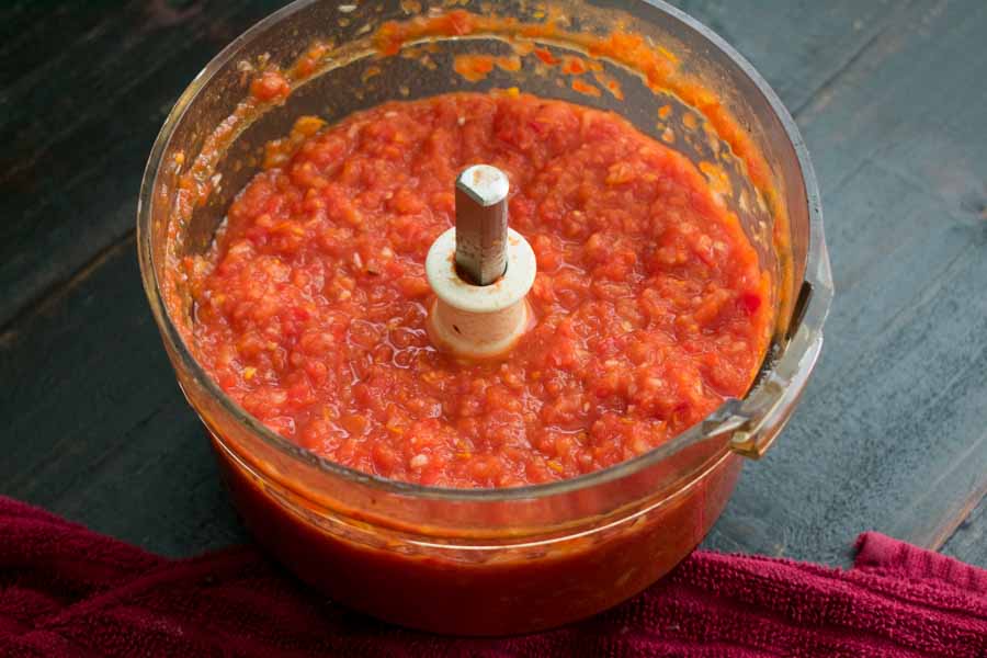 Roasted peppers, onion, and diced tomatoes blended to make pepper mix (ata lilo)