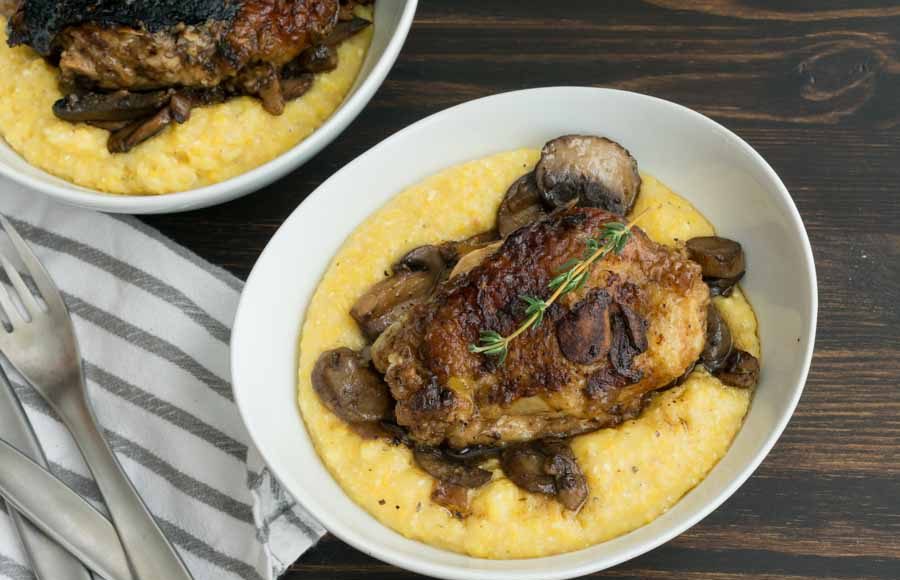 Braised Chicken Thighs with Mushrooms and Creamy Polenta