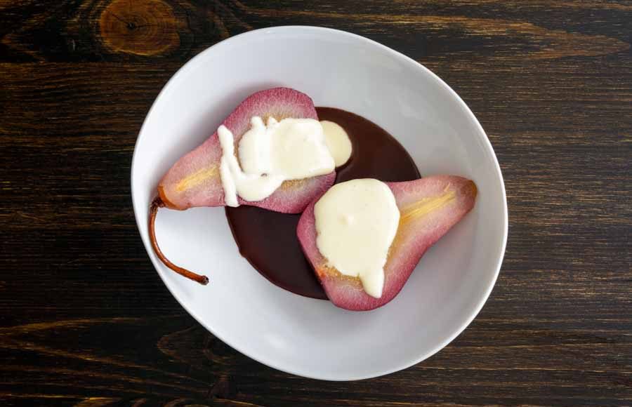 Red Wine Poached Pears with Chocolate & Cardamom