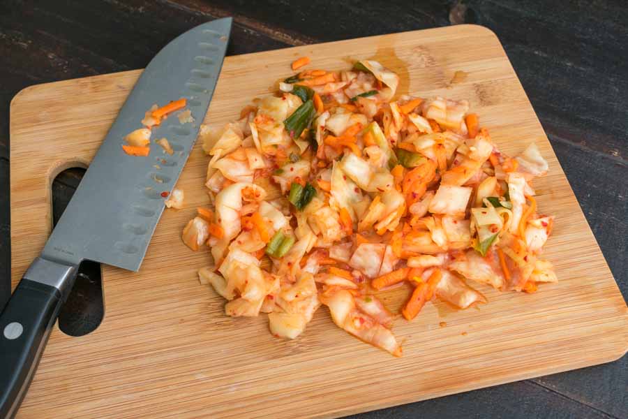 Chopping the kimchi