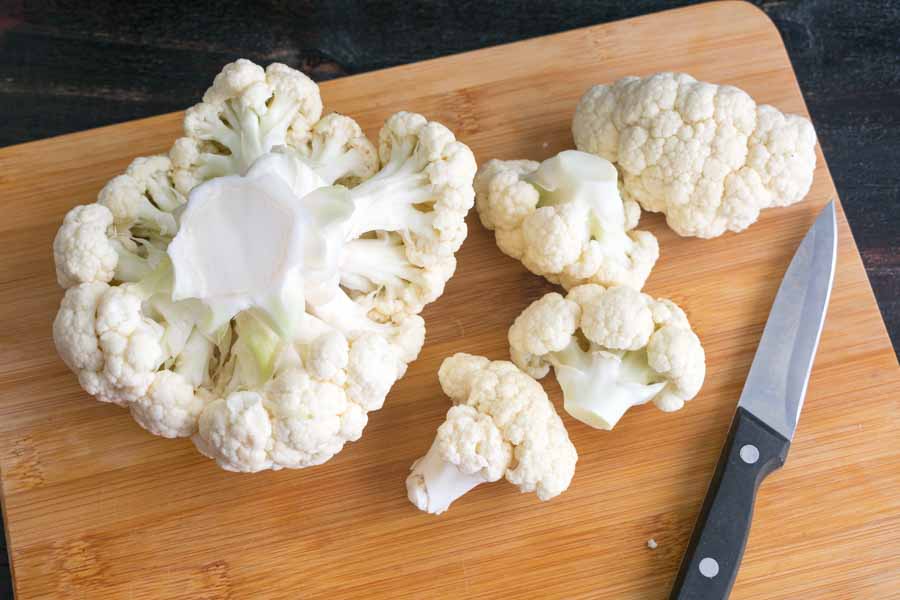 Cutting the cauliflower into florets