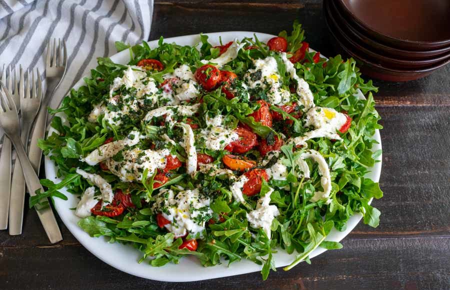 Arugula with Slow-Roasted Cherry Tomatoes and Burrata