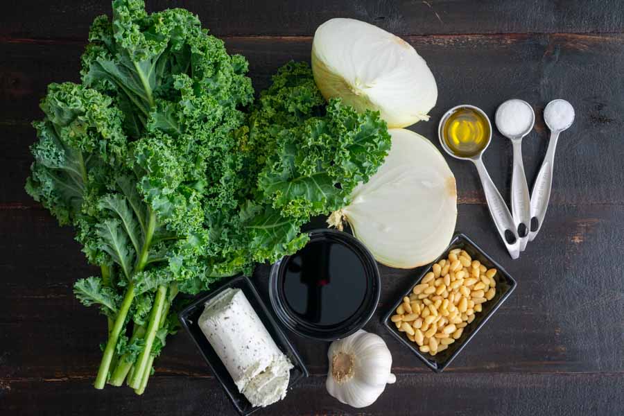 Warm Kale Salad with Goat Cheese, Pine Nuts and Sweet Onion Balsamic Dressing Ingredients