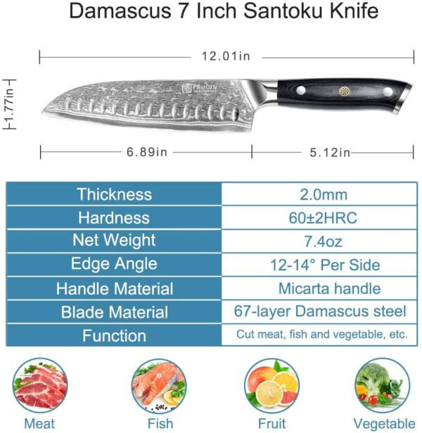 Paudin Damascus Santoku Knife