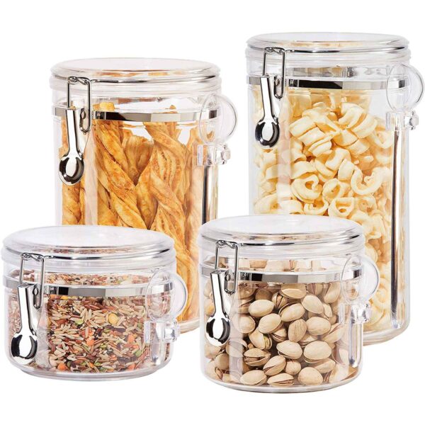 Oggi 4pc Clear Canister Set with Clamp Lids & Spoons Airtight Containers in Sizes Ideal for Kitchen Pantry Storage of Bulk Dry Foods Including Flour Sugar Coffee Rice Tea Spices Herbs
