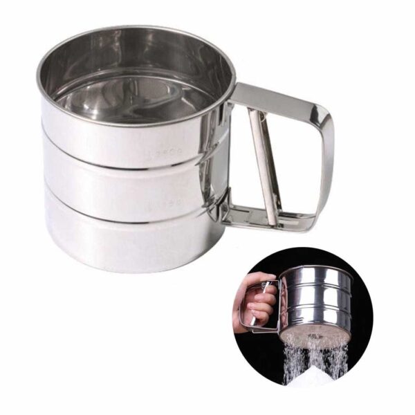 MENGCORE Baking Stainless Steel Shaker Sieve Cup Mesh Crank Flour Sifter with Measuring Scale Mark for Flour Icing Sugar
