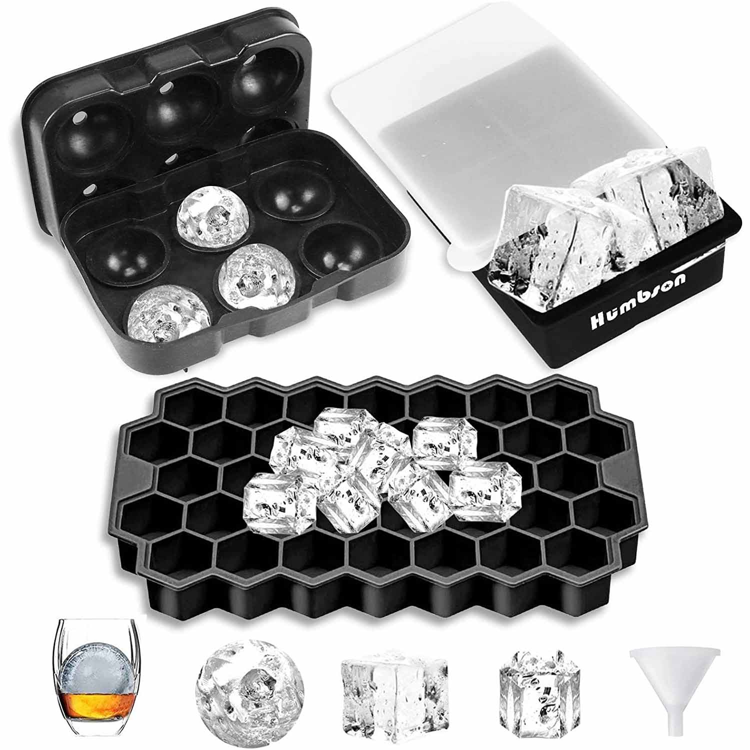 Ice Cube Tray - Humbson 3 Pack Ice Mold Silicone Large Round Sphere Square Honeycomb Tray Molds BPA Free for Whiskey Cocktail and Scotch with Lid and Funnel