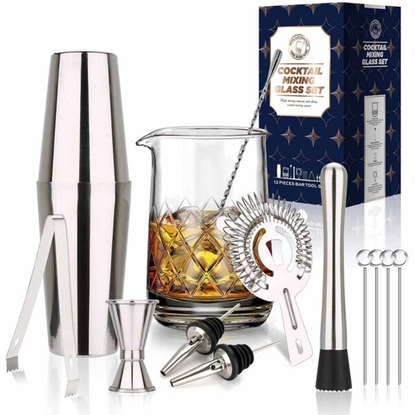750ml Crystal Cocktail Mixing Glass Set - 13 Piece Bartender Kit - Stainless steel Hand Shaker, Spoon, Fruit Fork, Ice Tongs, Jigger, Pourer, Strainer & Muddler for Home Bar Party - Makes a Great Gift