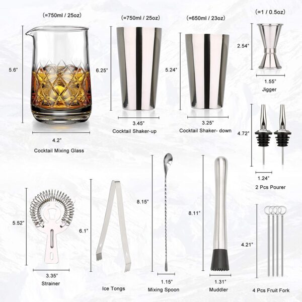 750ml Crystal Cocktail Mixing Glass Set - 13 Piece Bartender Kit - Stainless steel Hand Shaker, Spoon, Fruit Fork, Ice Tongs, Jigger, Pourer, Strainer & Muddler for Home Bar Party - Makes a Great Gift