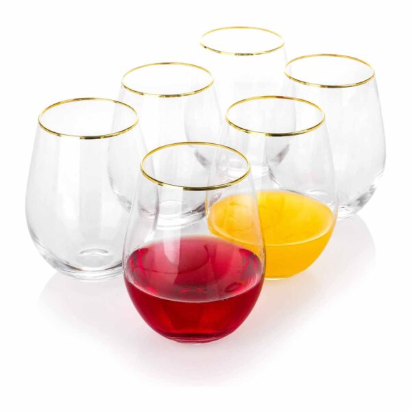 EVEREST GLOBAL Large Stemless Gold Rim Wine Glass set of 6, 18 oz Sleek Modem Drink-ware Ideal for Red and White Wine Cocktail Juice Water Kitchen Glassware Suitable for any Occasion Great Gift Idea