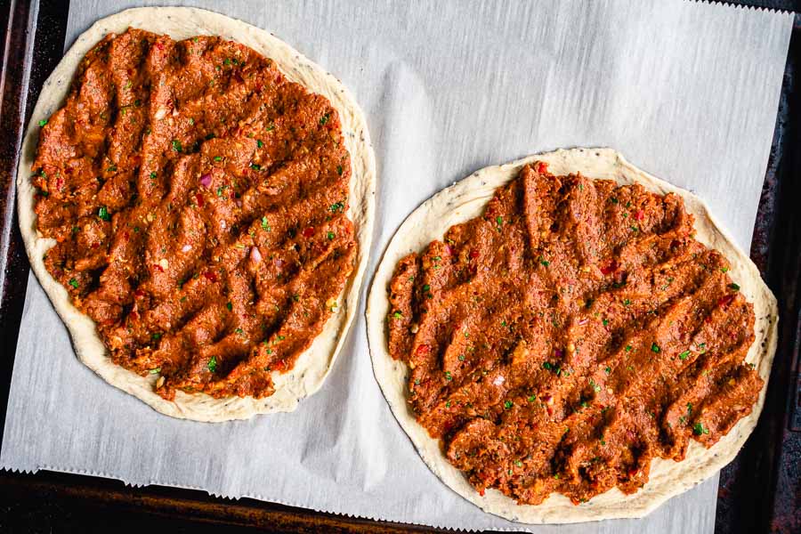 Prepped lahmacun just before baking