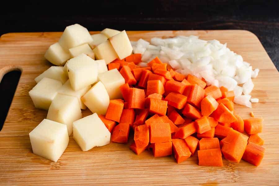 Chopped potato, carrots, and onion