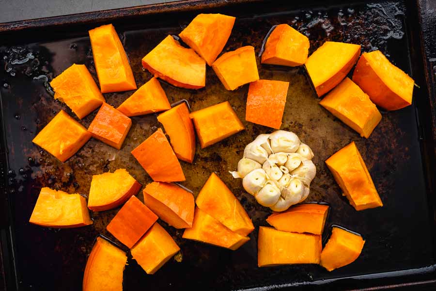 Getting ready to roast half of the pumpkin and the garlic