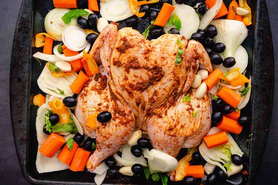 The prepped chicken and vegetables