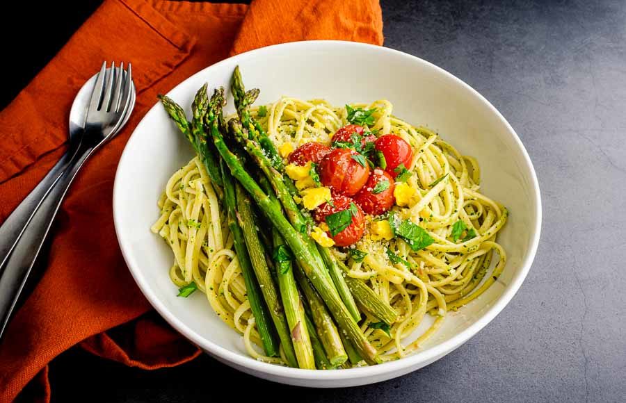 Tuscan Pici Pasta all'Etrusca with Roasted Asparagus and Cherry Tomatoes