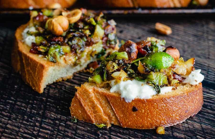 Caramelized Brussels Sprout Toast with Burrata & Bacon
