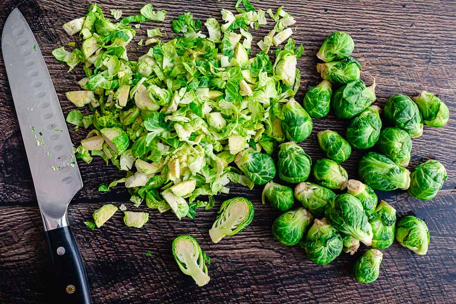 Trimmed, halved, and thinly sliced Brussels sprouts