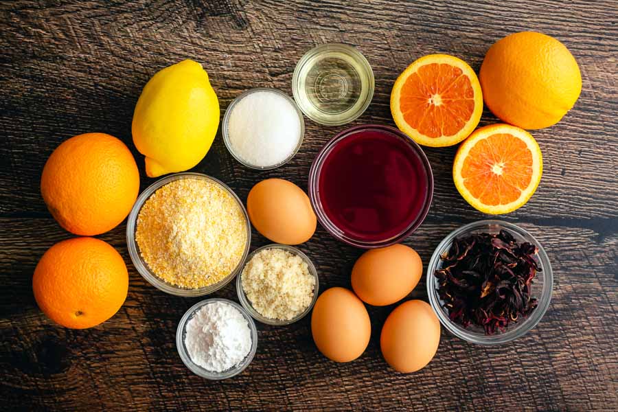 Upside Down Blood Orange, Hibiscus, and Polenta Cakes Ingredients