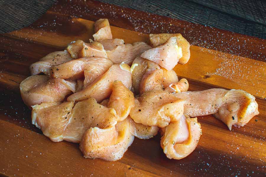 Sliced chicken breast generously seasoned with salt and pepper