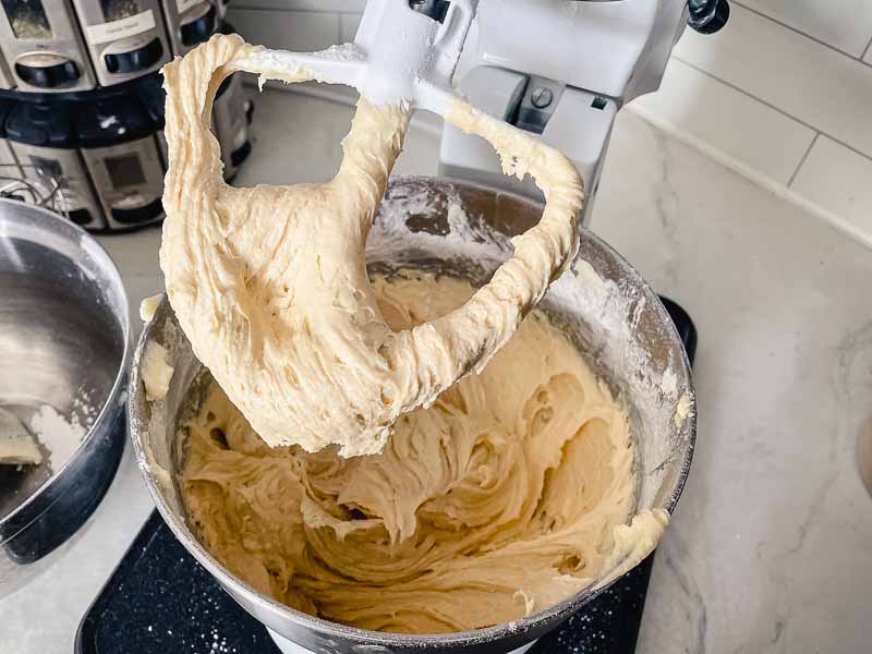 Mixing the cupcake batter in a stand mixer