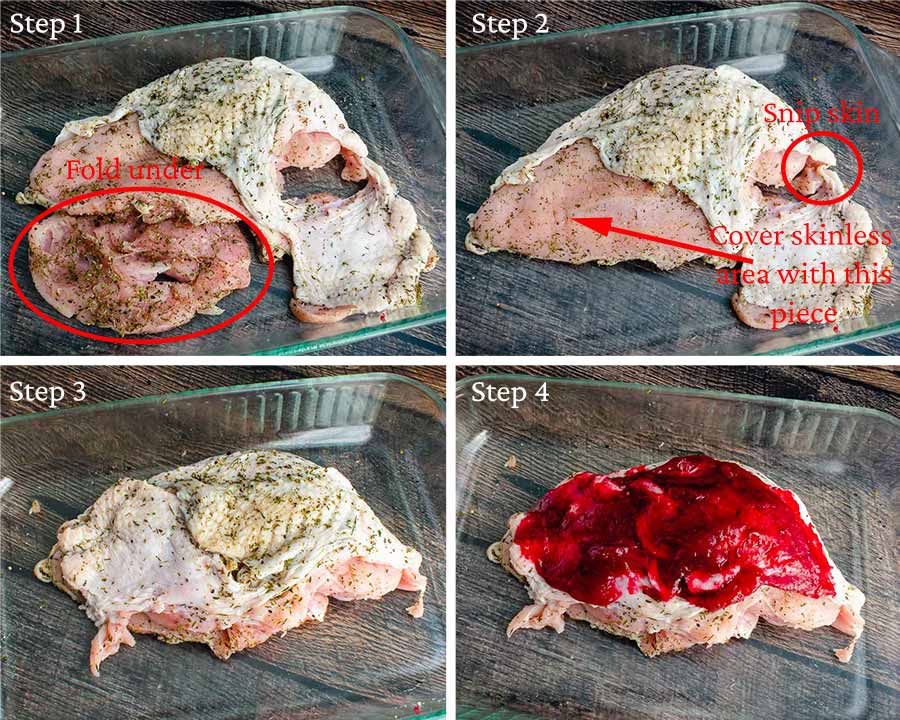 Seasoning, folding, and glazing the turkey breast in a baking dish