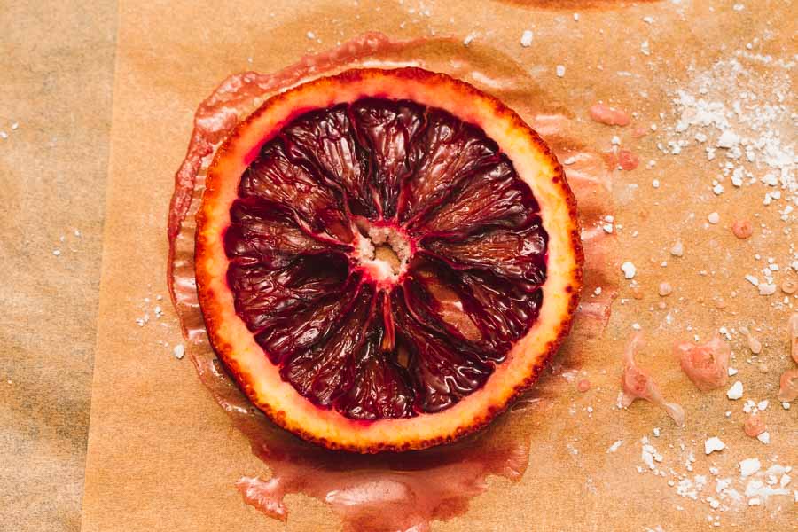 A slice of blood orange after drying in the oven for 2 1/2 hours