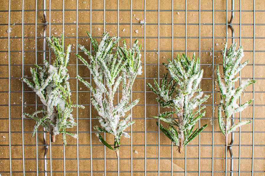 Drying the sugared rosemary sprigs on a wire rack