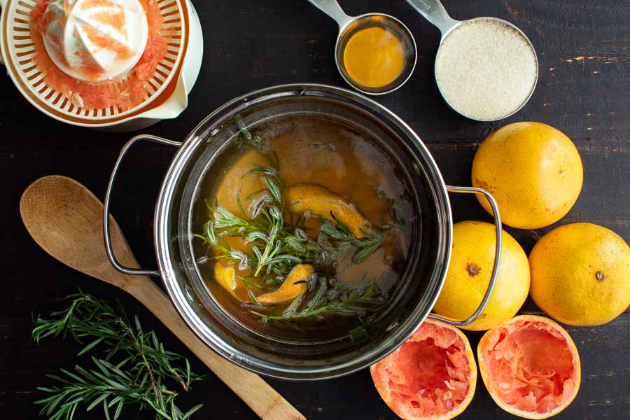Making the rosemary-grapefruit simple syrup