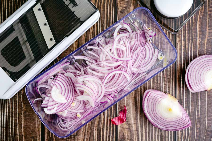 Red onion thinly sliced with a mandoline