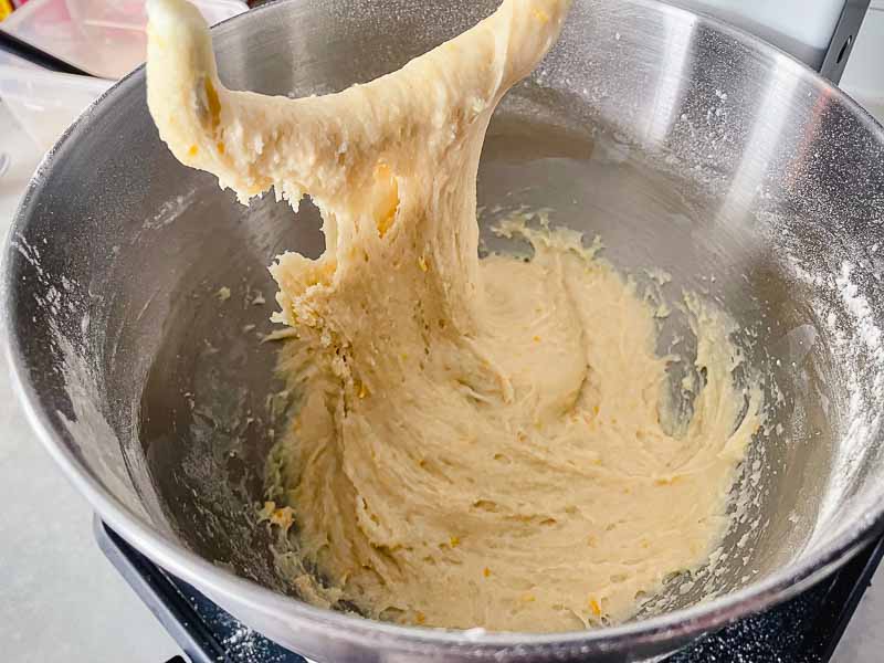 Shaggy bread dough in a stand mixer