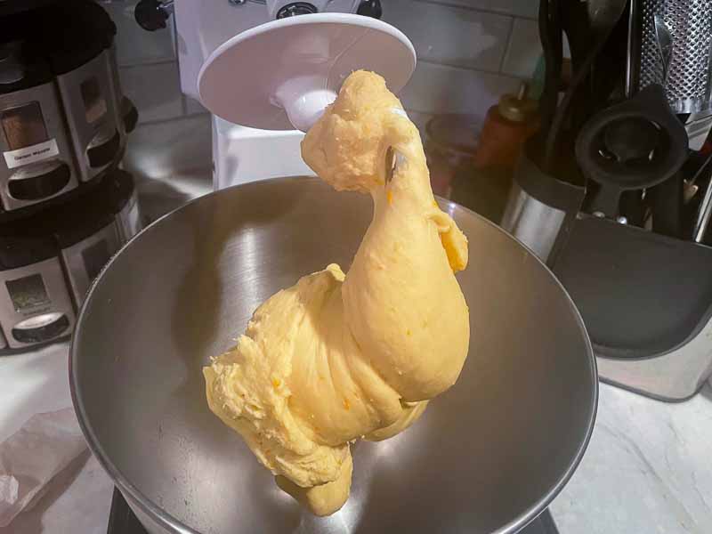 Bread dough on a stand mixer dough hook