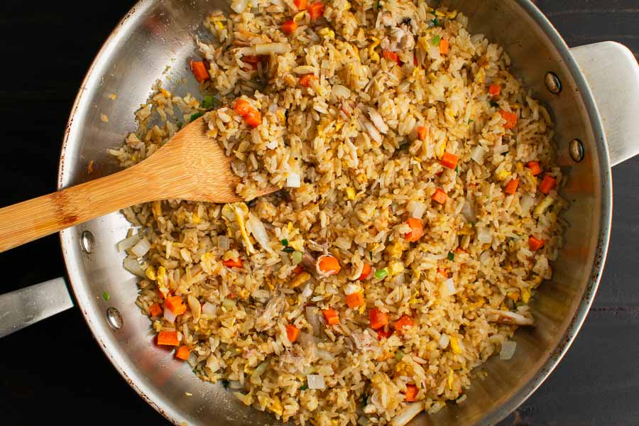 Thai Style Crab Fried Rice in a skillet