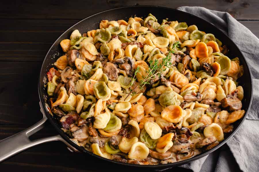 Orecchiette with Mushroom Thyme Sauce in a large skillet