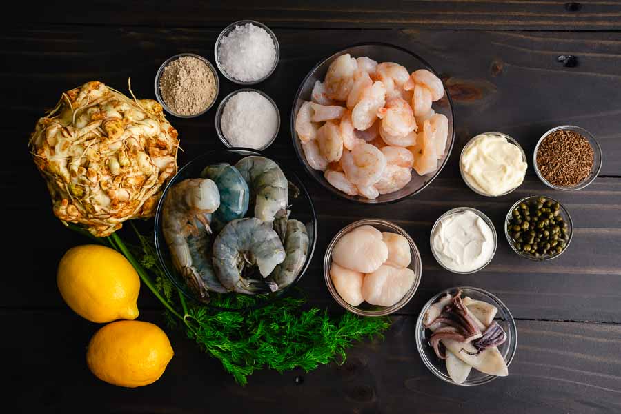 Poached Seafood Salad with Lemon Dill Sauce Ingredients